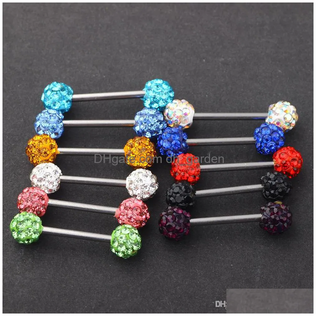 fashion tongue ring stainless steel nipple barbell crystal ear bar tragus earring body piercing jewelry mix 10 colors