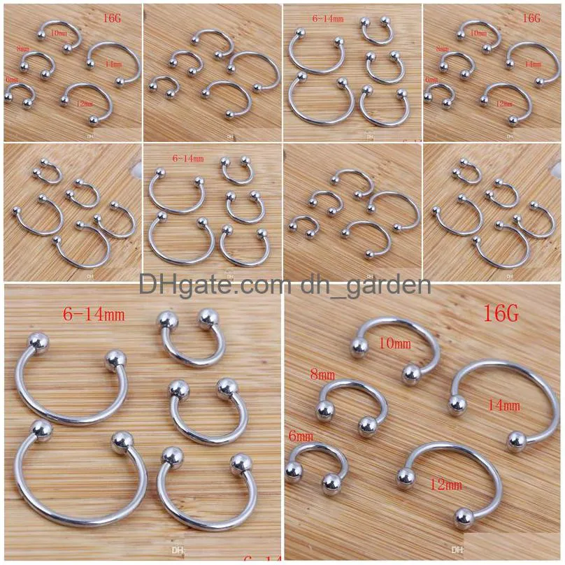 nose ring 100pcs/lot mix 6/8/10/12/14mm stainless steel body jewelry horseshoe ring