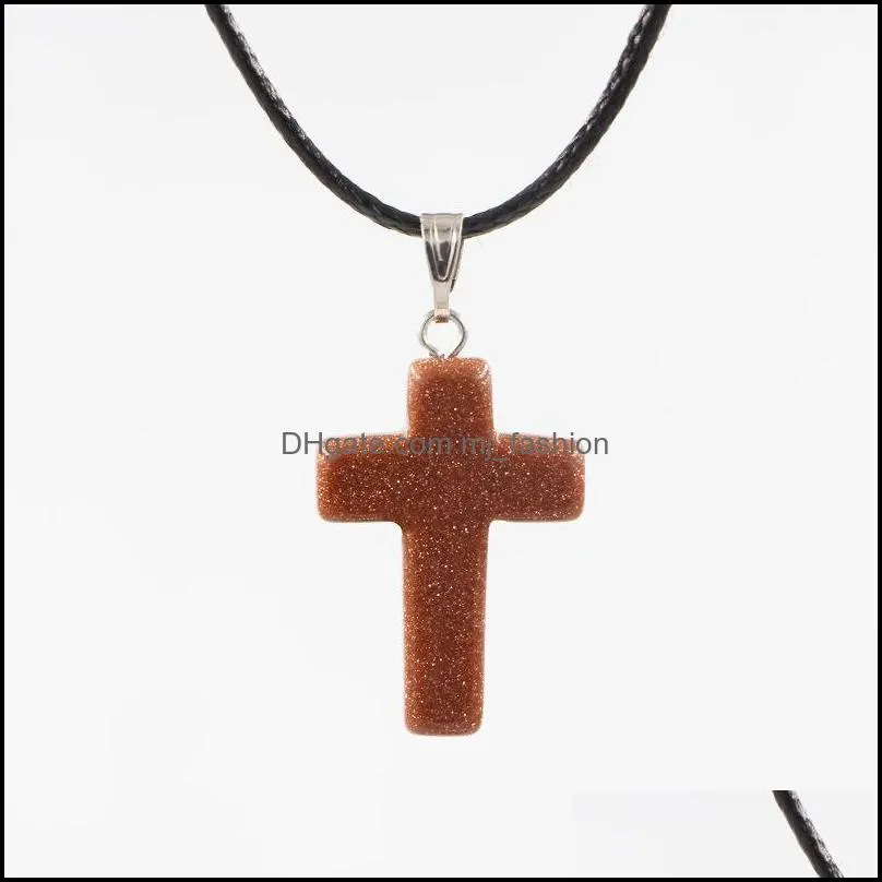 fashion opal turquoise natural stone druzy cross necklaces jewelry with leather chain necklace