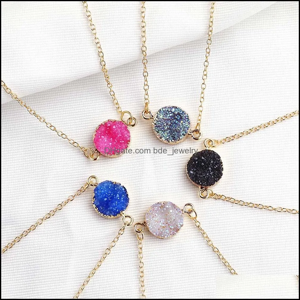 gold plated resin druzy drusy round pendant collar necklace wholesale women jewelry for girls