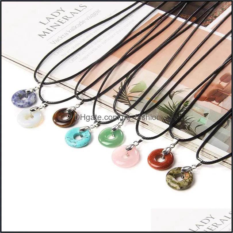 reiki natural stone peace buckle pendant quartz crystal turquoises tiger eye opal aventurine donuts pendant leather chains necklace for women