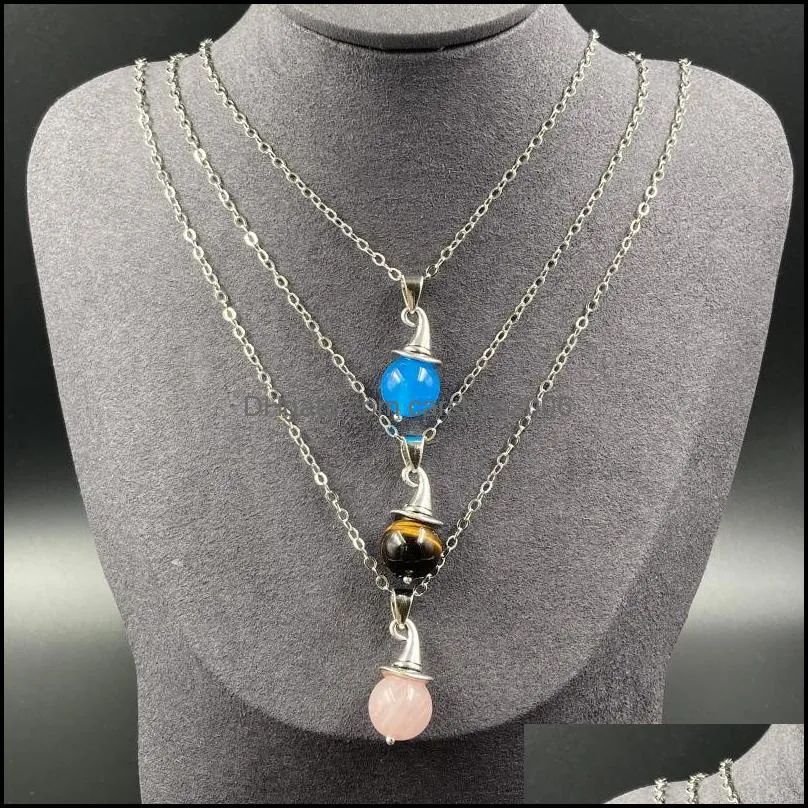 healing crystal natural stone pendant magic pointy hat charms rose quartz tiger eye lapsi pink crystal link chain necklace carshop2006