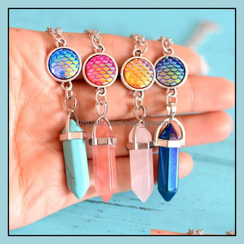 fish scale hexagonal pointed reiki natural stones turquoise pink quartz pillar charms pendant necklace for women men gift accessories