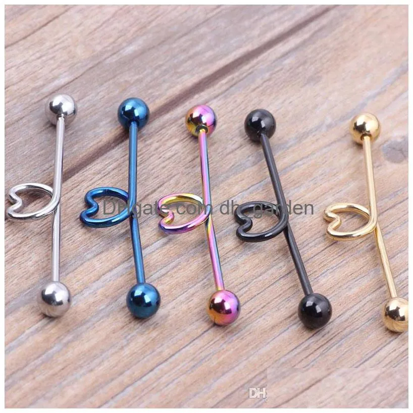 14g 44mm heart surgical steel industrial barbell ear ring bar mix 5 color for body piercing jewelry