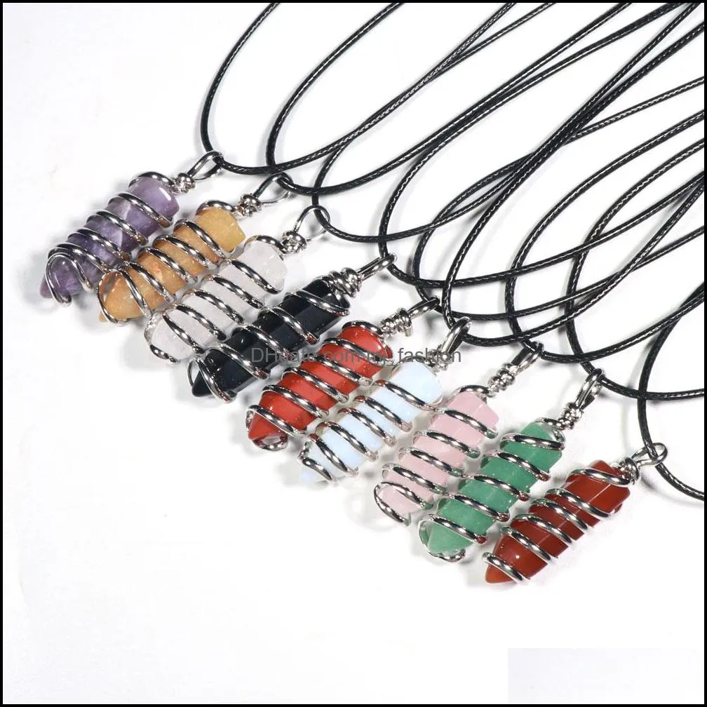 natural gem stone pendant necklace opal crystal quartz hexagonal single point reiki chakra charm pendulum diy jewelry making wire wrap