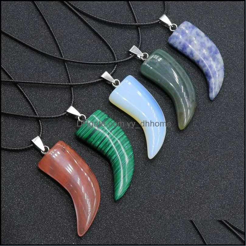 natural stone gem carved ox horn shape pendant rose quartz crystal jade onyx necklace healing guardian jewelry for men rope yydhhome