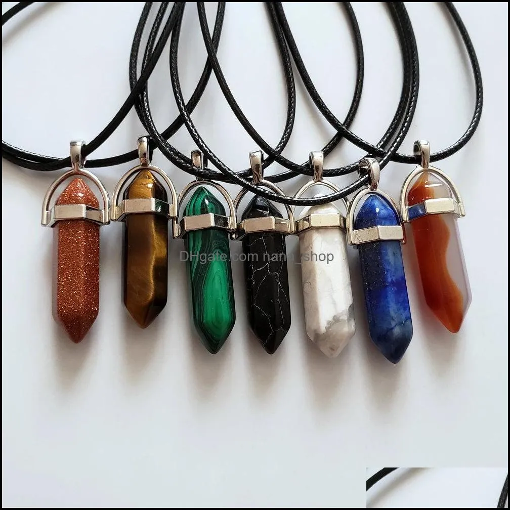 mixed natural stone crystal pillar charms chakra pendulum pendant necklace for woman leather chains jewelr