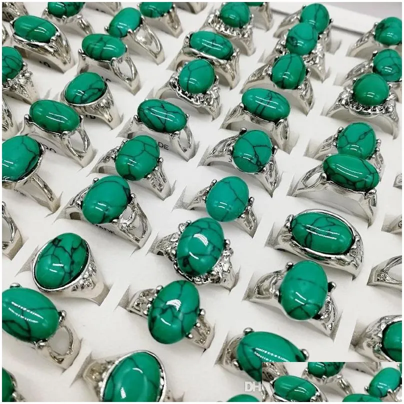 fashion charm 20 pieces/lot turquoise band rings green natural stone ring fit womens men malachite jewelry gift