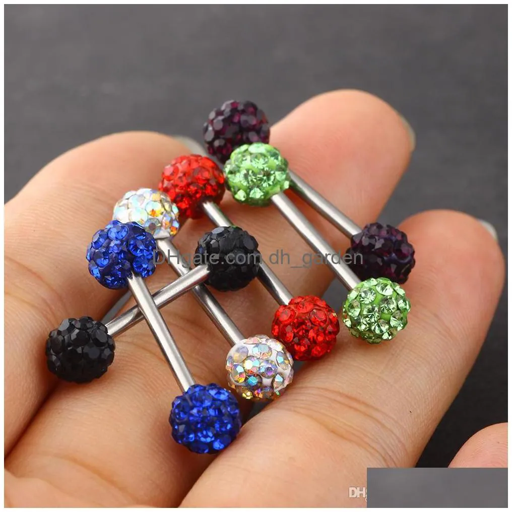 fashion tongue ring stainless steel nipple barbell crystal ear bar tragus earring body piercing jewelry mix 10 colors