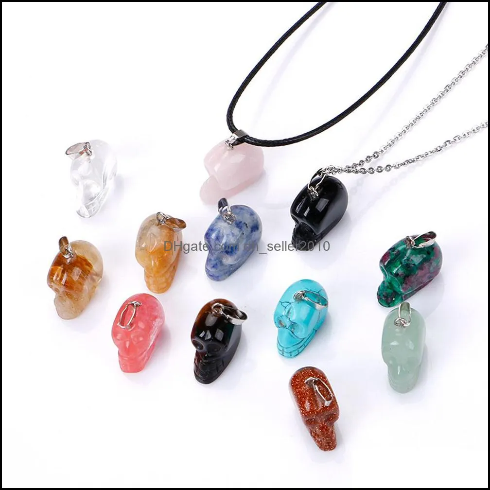 natural crystal rose quartz stone pendant carved skull heads shape necklace chakra healing jewelry for women men dhseller2010