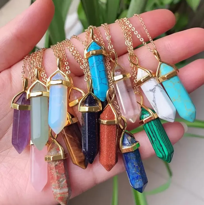 real raw gem pink purple crystal hexagonal bullet pendant reiki point chakra natural stone pendants necklace women jewelry