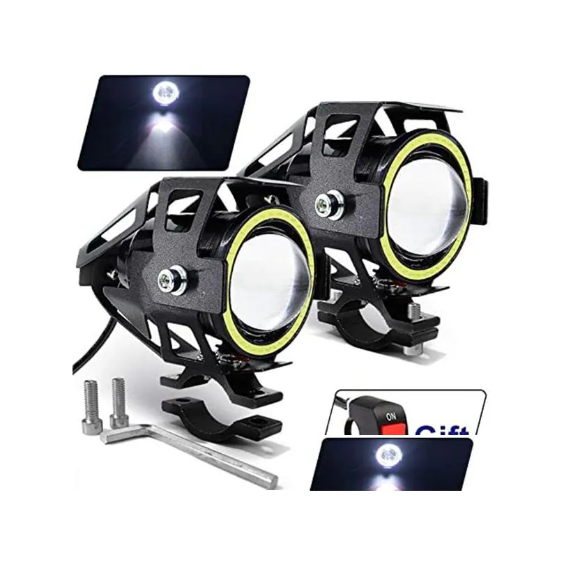 led u7 motorcycle headlight drl with angel eyes ring lighting driving running lights front spotlight hi/lo strobe flashing white light and