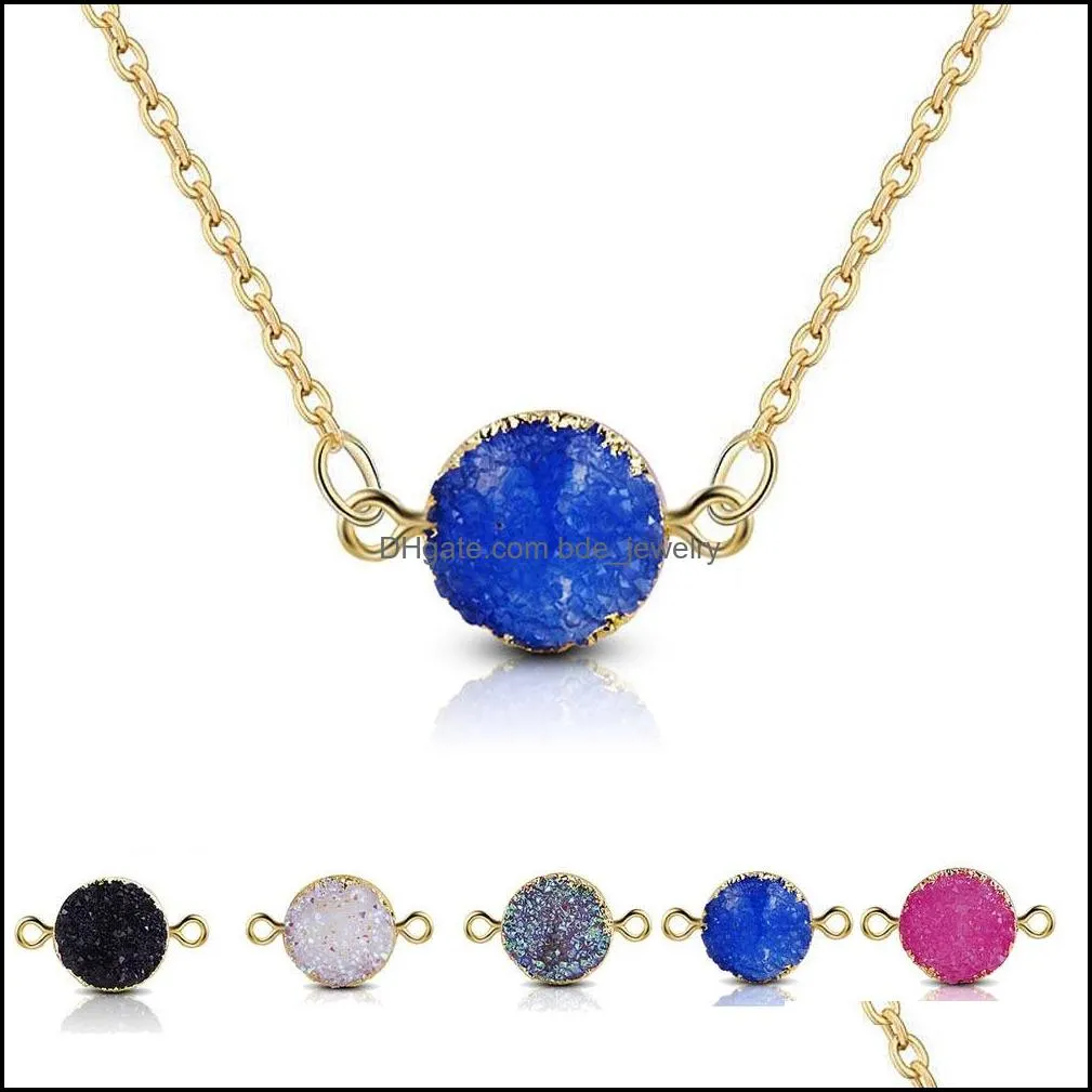 gold plated resin druzy drusy round pendant collar necklace wholesale women jewelry for girls