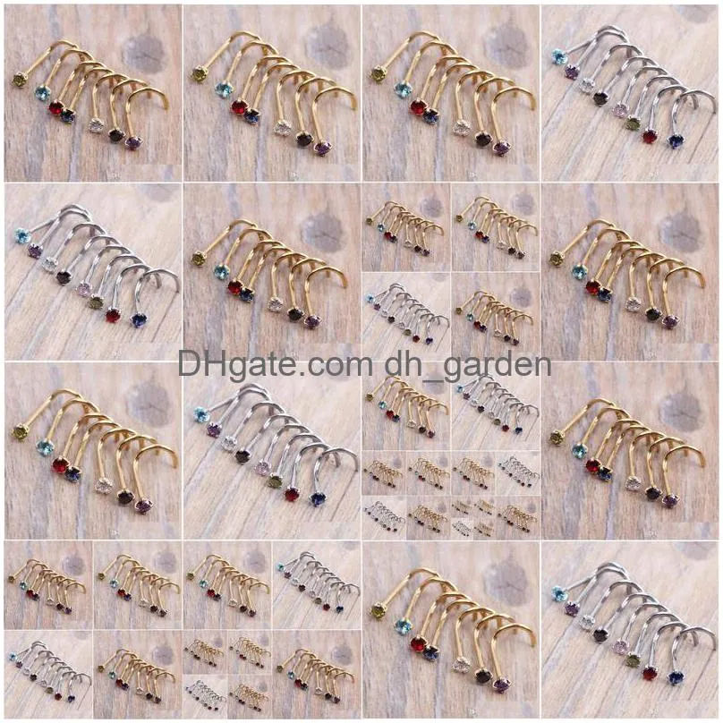 crysta gold silver zircon nose ring screw nose stud clear pink red purple curved steel pin ring piercing 20g 0.8mm