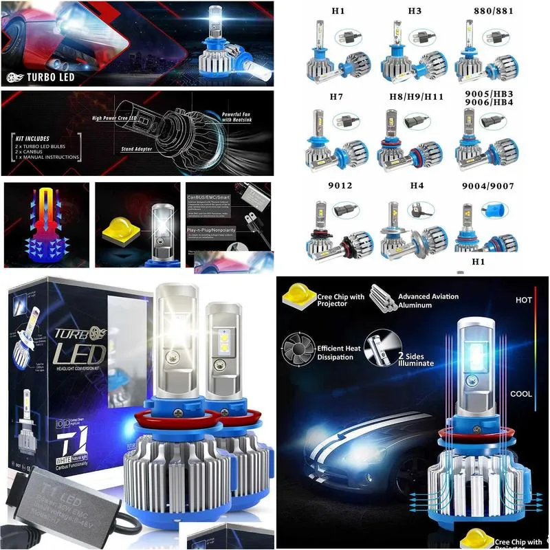 2pcs t1 h4 led car light h7 led canbus h1 h3 h11 880 9005 9006 headlight turbo 70w 7000lm auto bulb automobiles headlamp 6000k