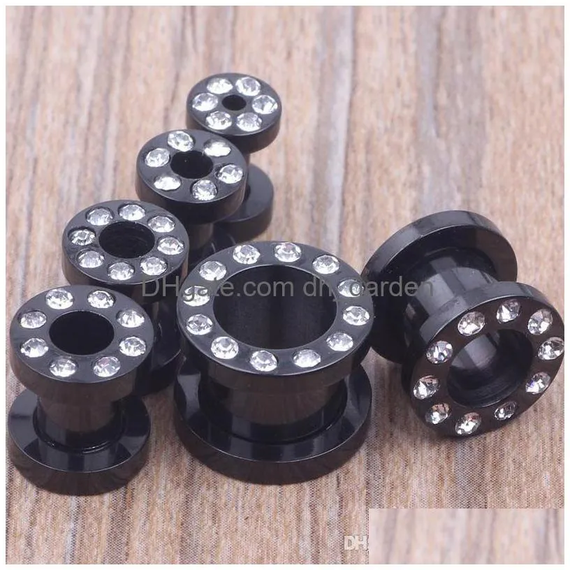 50pcs/lot mix 412mm stainless steel black screw body jewelry piercing crystal flesh tunnel ear plug