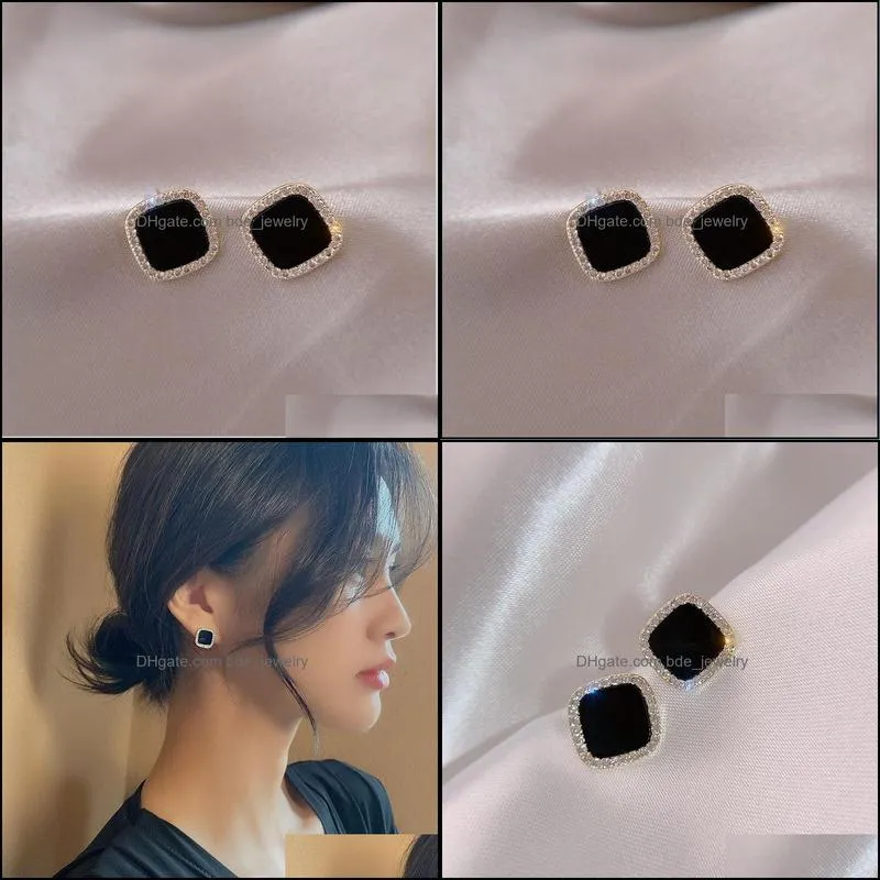 rhinestone black square charms needle stud earrings korean personality geometric small earring for women anniversary gift