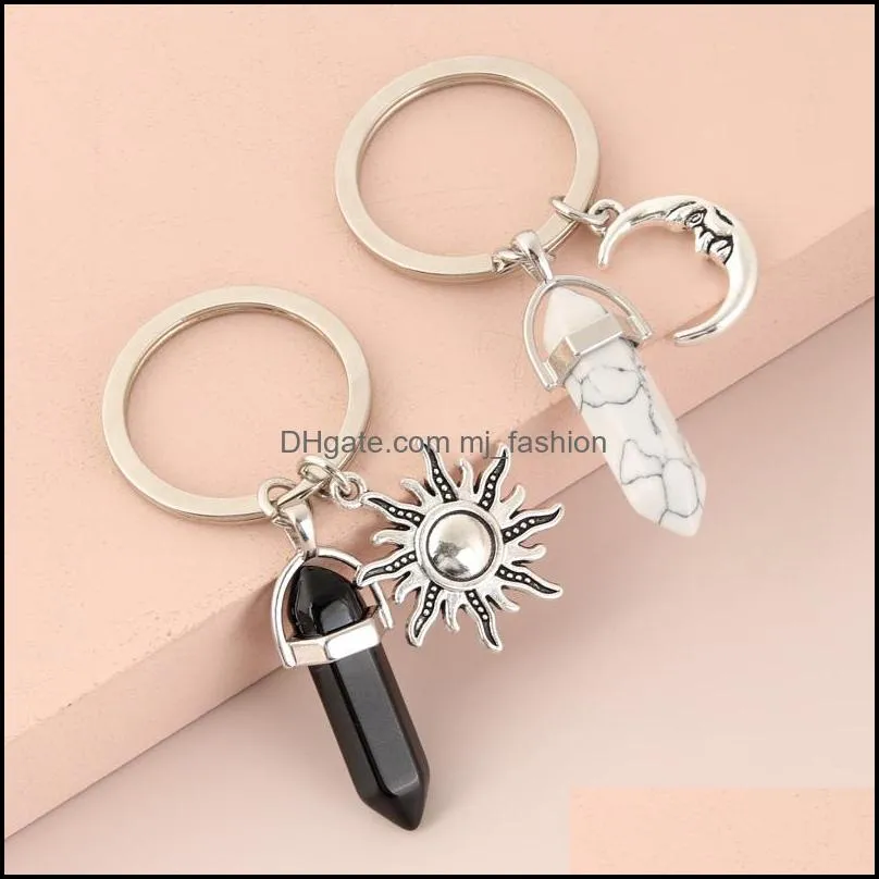 natural opal stone keychain women hexagonal column key chains with sun moon jewelry couple friends