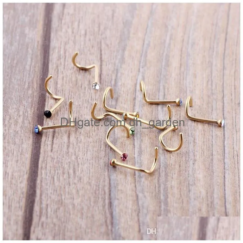 mix colors rhinestone nose studs screw ring bone bar body piercing jewelry gold silver nose pin