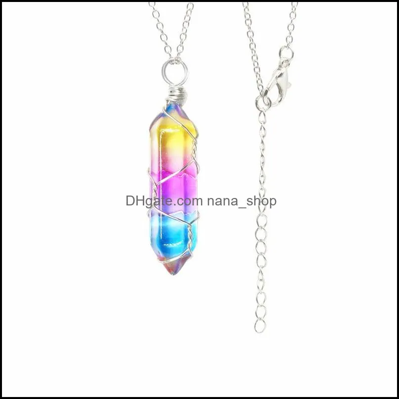 wire wrap colour grad glass crystal bullet hexagon pendant healing chakra necklace for women jewelry
