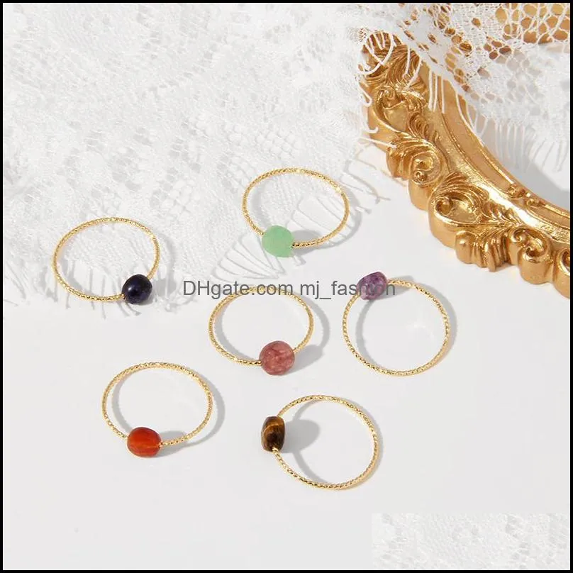 minimalism natural stone rings golden metal gem stone rose quartz amethyst beads ring trendy healing jewelry gifts