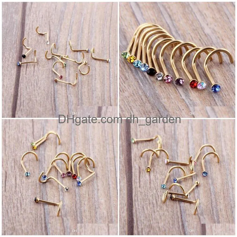 mix colors rhinestone nose studs screw ring bone bar body piercing jewelry gold silver nose pin