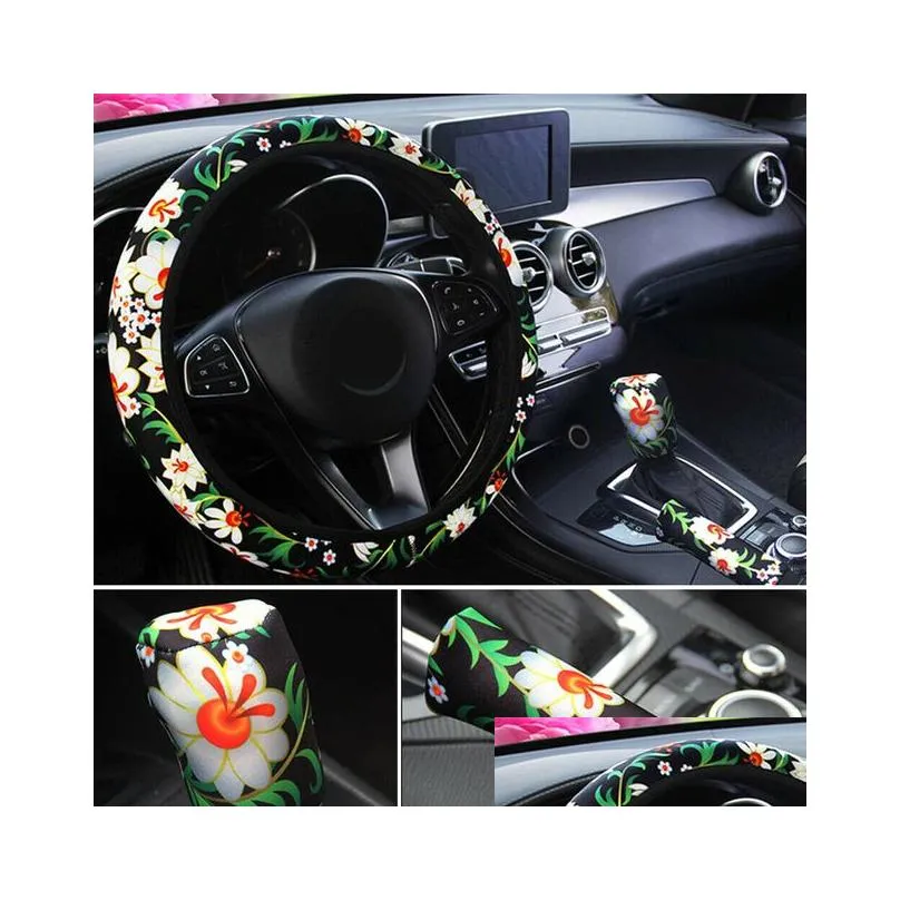 steering wheel covers 3pcs set unique flower auto car cover handbrake sleeve gearshift interior accessories