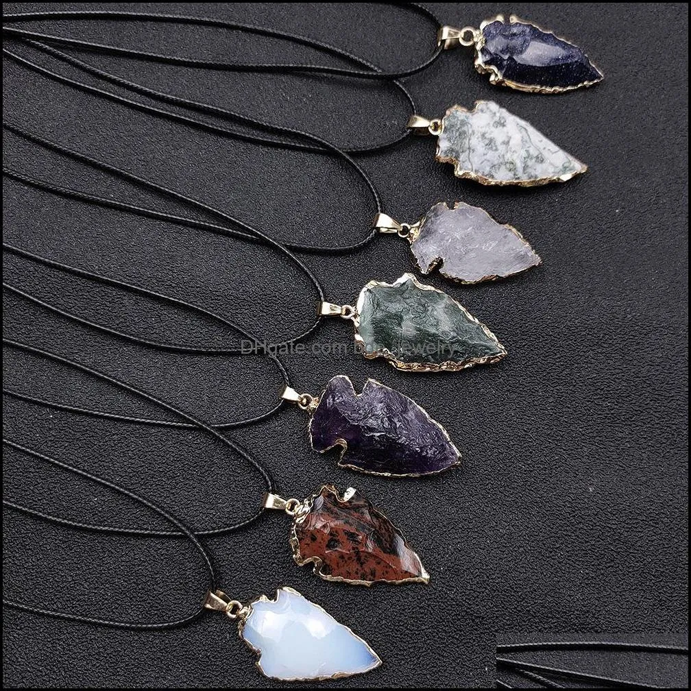 natural agate obsidian healing crystal gilded edge arrow pendant original raw quartz stone men necklace jewelry