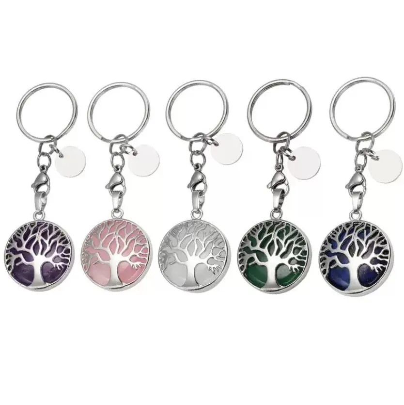 tree of life natural rose quartz gem stone key ring healing crystal keychain jewelry birthday keyrings gift