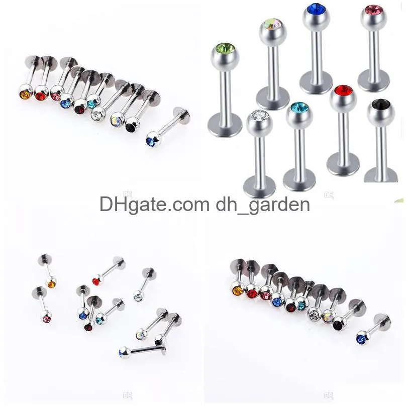 charisma 316l surgical steel ball crystal bar lip ring labret stud tongue lip tragus mix 10 colors 100pcs body piercing jewelry