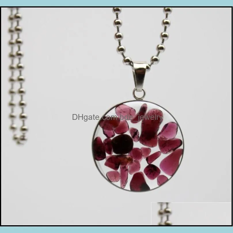 stainless steel chain gravel stone round glass pendant pink quartz crystal agates turquoises malachite stone necklace