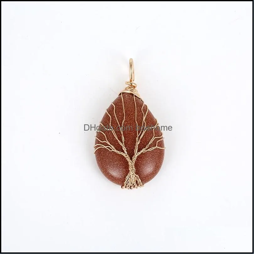 tree of life wire wrap waterdrop natural stone chakela pendant seven chakras reiki healing chakra rose quartz crystal pendulo charms for necklace earrings