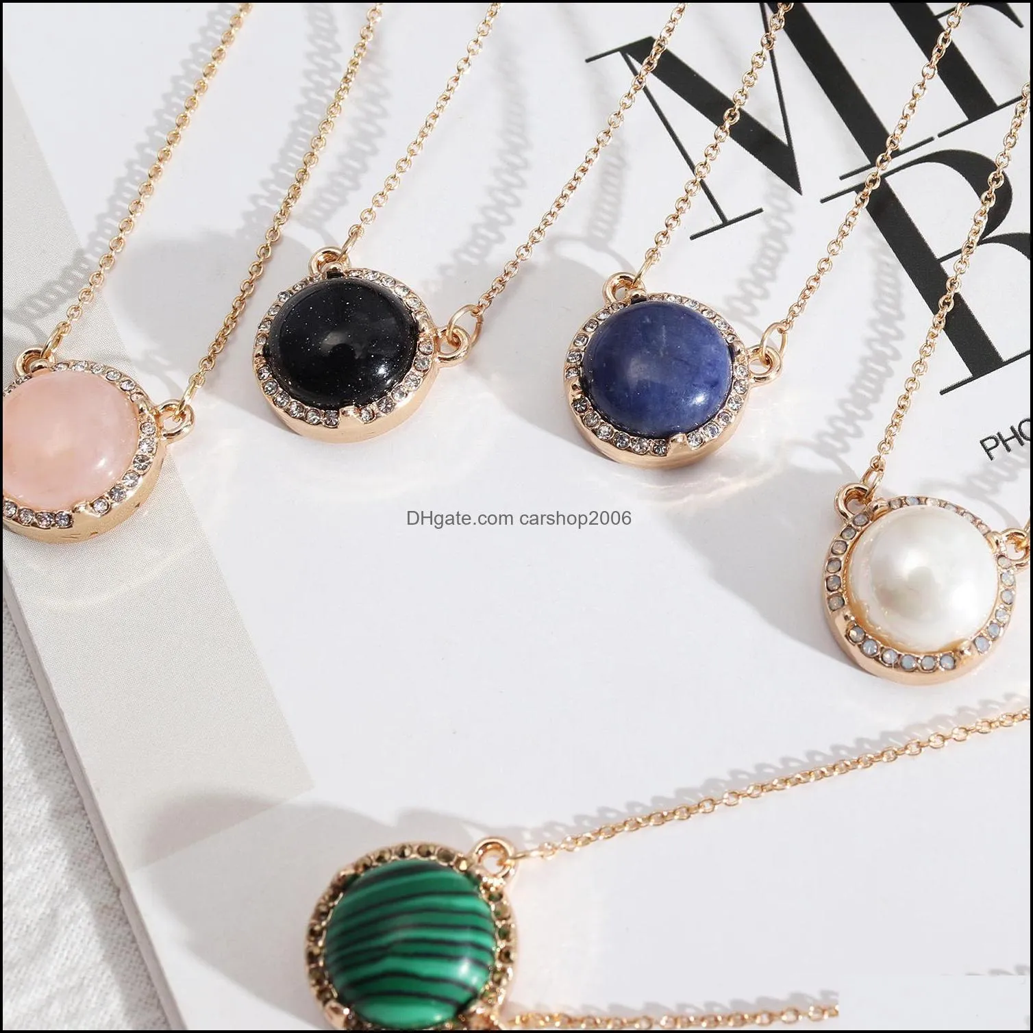 exquisite natural stone pendant lapis lazuli malachite pink rose quartz chakra healing rhinestone gold chain necklace carshop2006