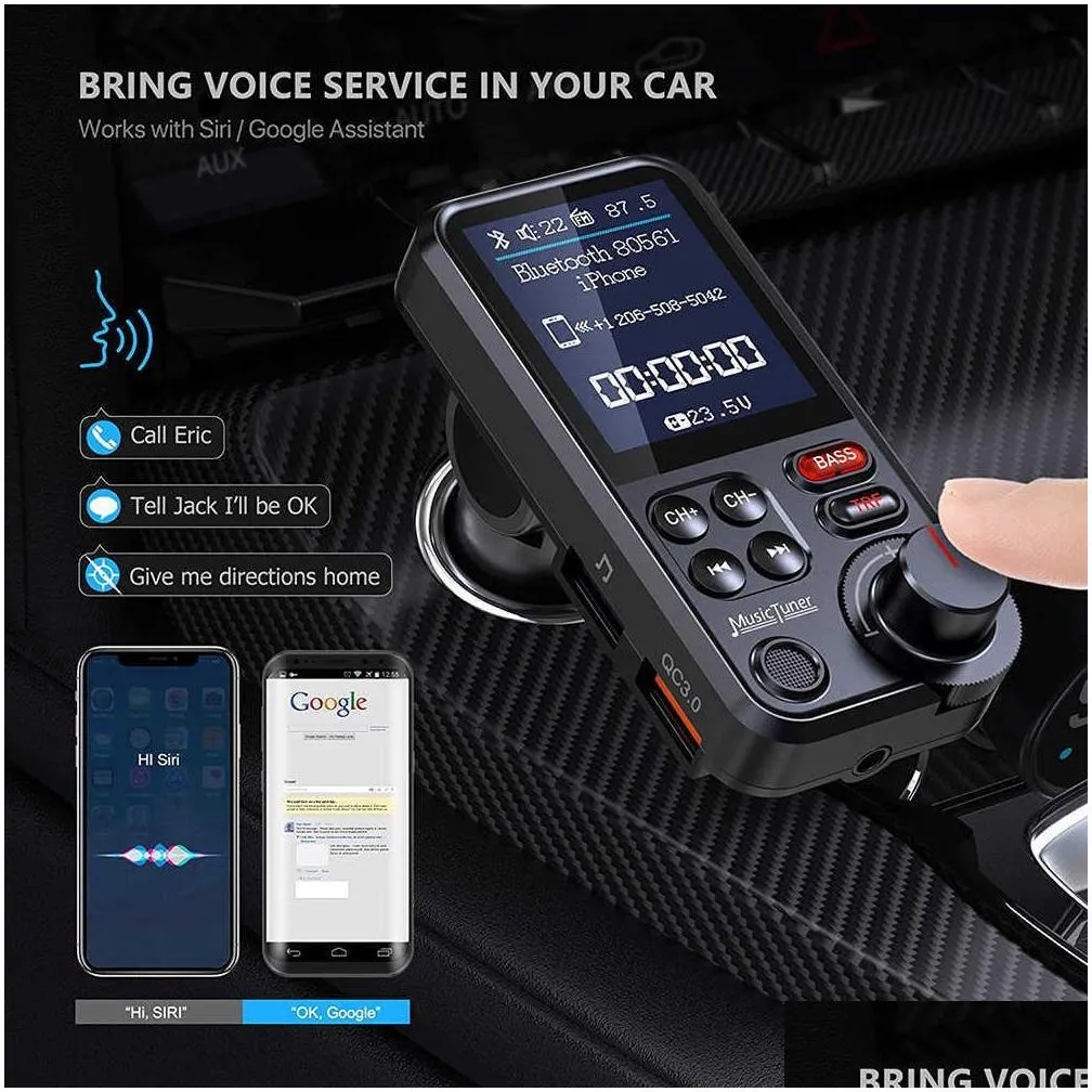 1.8wireless car bluetooth kit fm transmitter aux supports qc3.0 charging treble and bass sound music player car charger quick