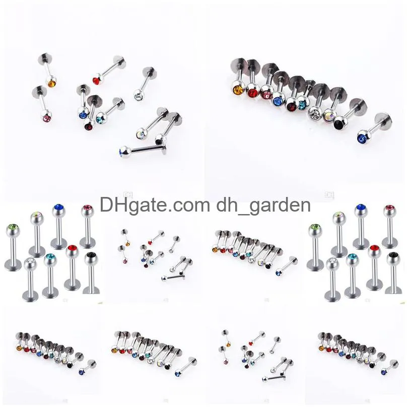 charisma 316l surgical steel ball crystal bar lip ring labret stud tongue lip tragus mix 10 colors 100pcs body piercing jewelry