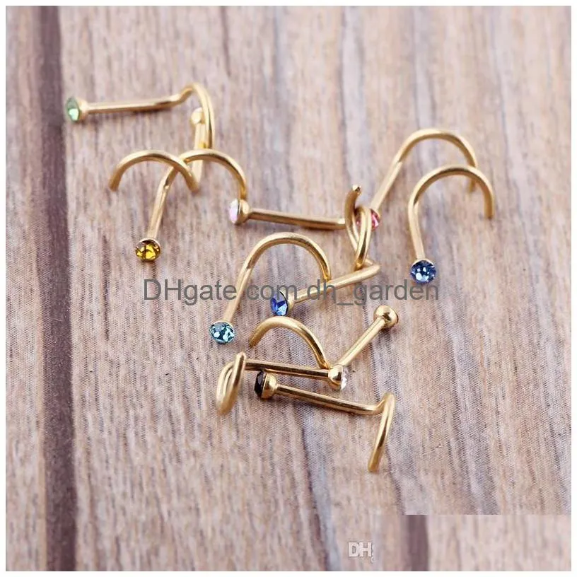 mix colors rhinestone nose studs screw ring bone bar body piercing jewelry gold silver nose pin