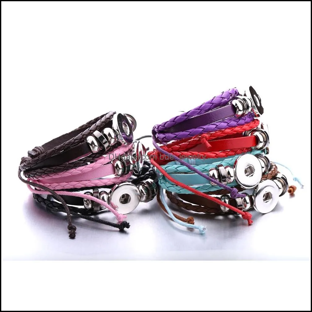 colorful rope leather braided bracelets 18mm snap button charms bangle wristband jewelry diy snaps buttons punk bracelet jewellery