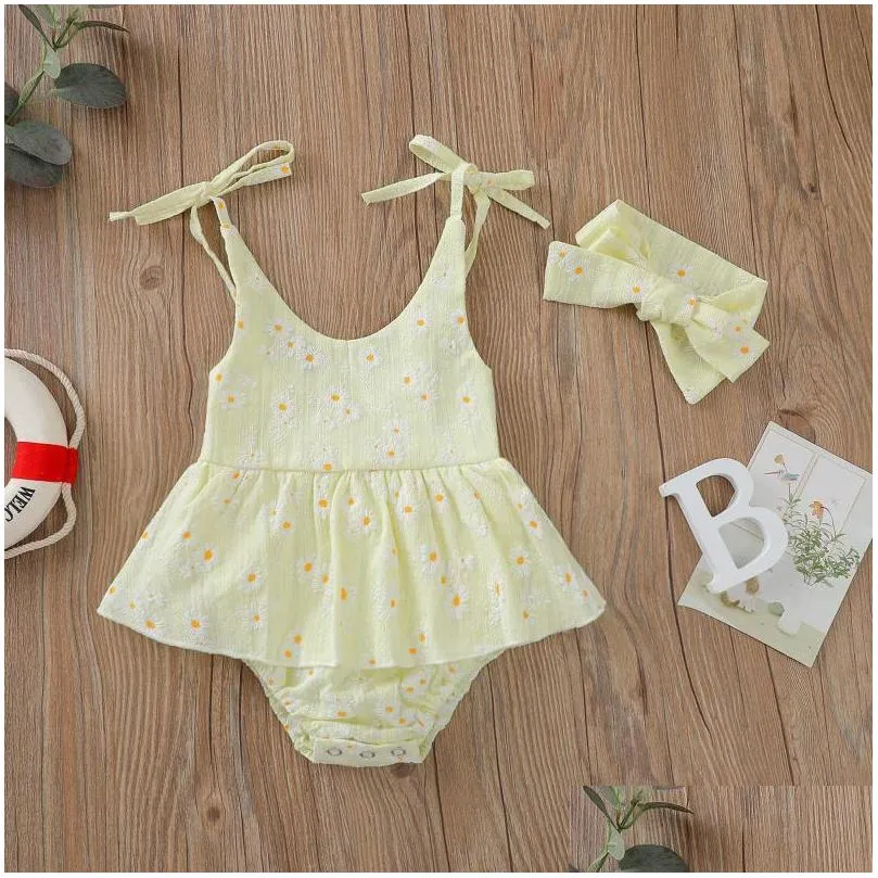 jumpsuits summer baby girls clothes bandage daisy print romper dress headband cotton linen outfits