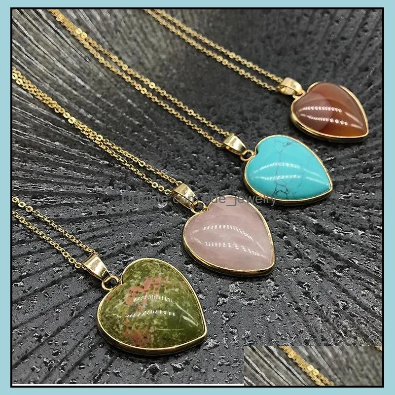 gold heart shape healing reiki stone pendant women jade crystal semiprecious agate necklace energy jewelry