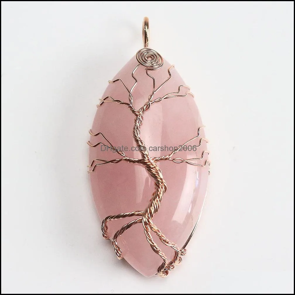 oval natural stone healing crystal tree of life charms waterdrop pendants rose quartz wire wrapped trendy jewelry making carshop2006