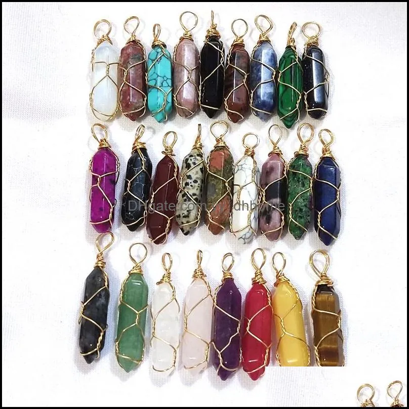 gold wire wrap natural stone charms rose quartz mixed pillar bullet shape point chakra pendants for jewelry making yydhhome