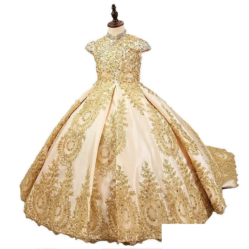 girls dresses luxury flower girl dress with beading crystal for wedding gold glitz ball gowns train little girls custom made