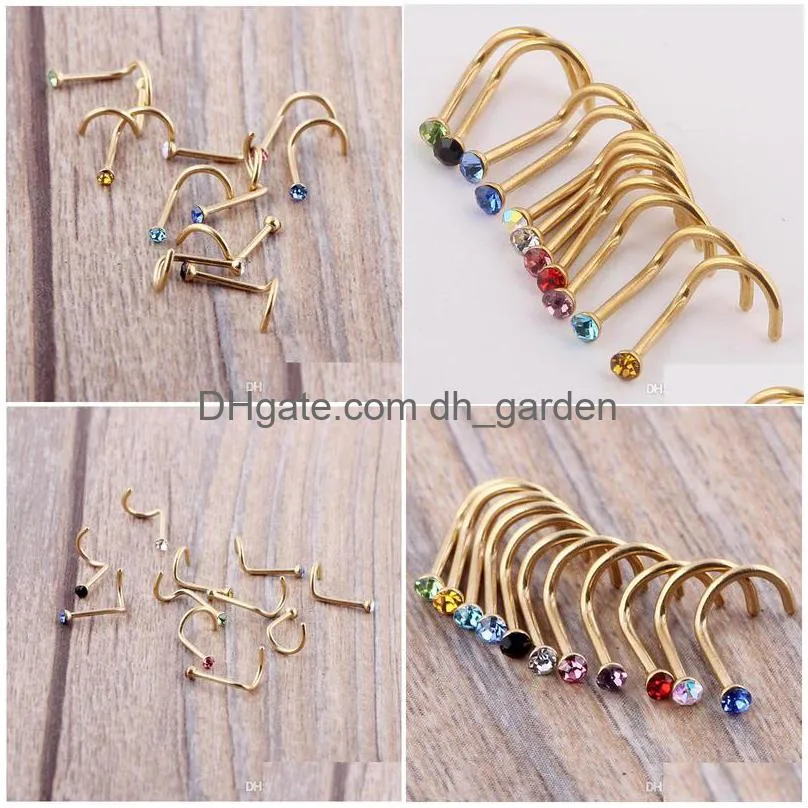 mix colors rhinestone nose studs screw ring bone bar body piercing jewelry gold silver nose pin