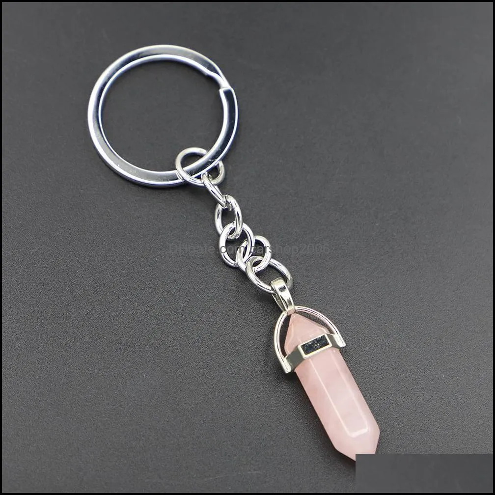 natural stone key rings hexagonal column keychain for women crystal pink quartz keyrings bag car jewelry party friends gift carshop2006