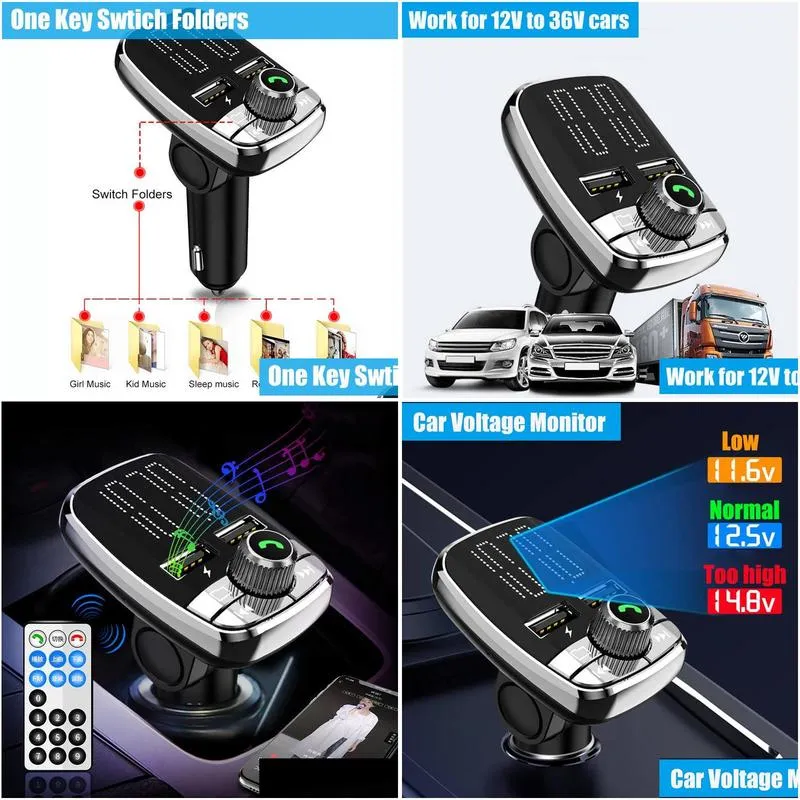 jinserta remote control car kit mp3 player hands bluetooth 5.0 fm transmitter dual usb car  tf flash usb music play