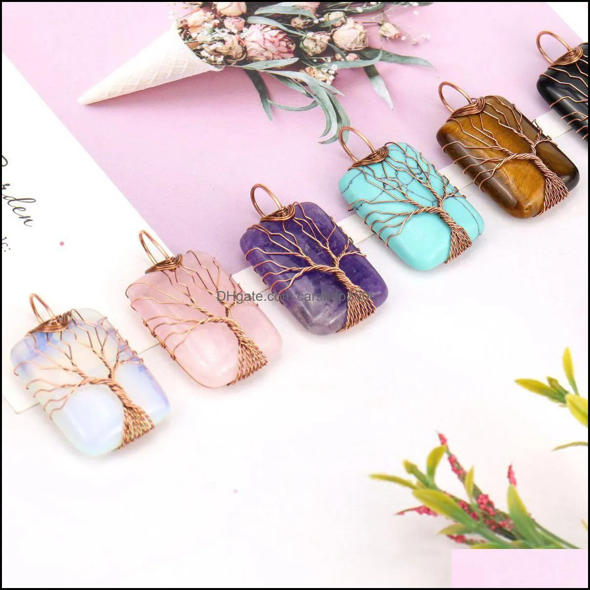 healing crystal natural stone rectangle charms necklaces twine tree of life wire wrap pendant turquoise tiger eye rose carshop2006