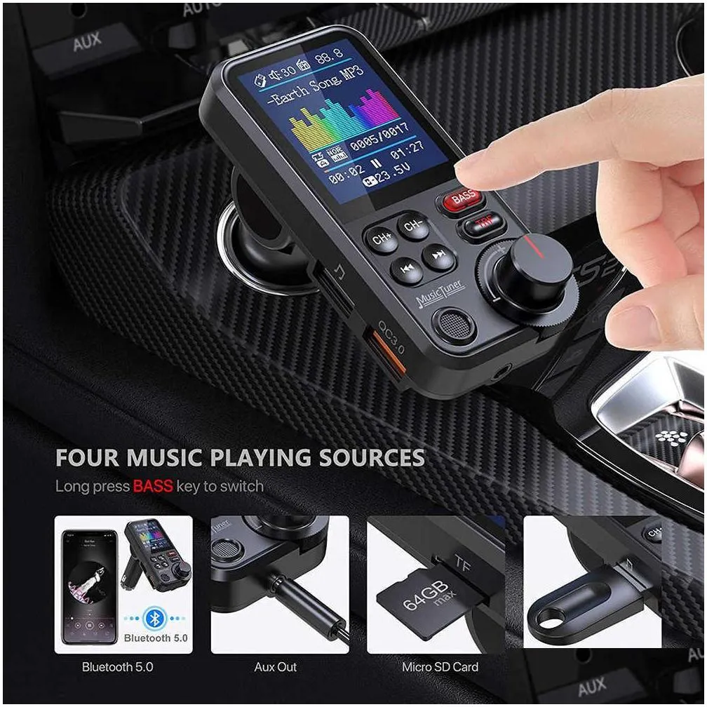 1.8wireless car bluetooth kit fm transmitter aux supports qc3.0 charging treble and bass sound music player car  quick