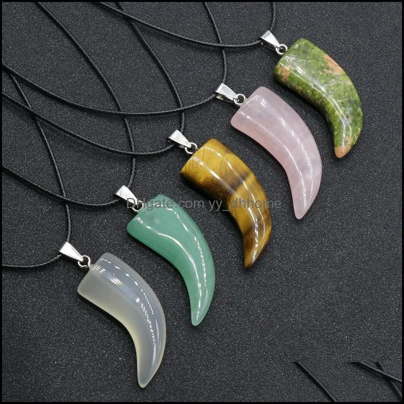 natural stone gem carved ox horn shape pendant rose quartz crystal jade onyx necklace healing guardian jewelry for men rope yydhhome