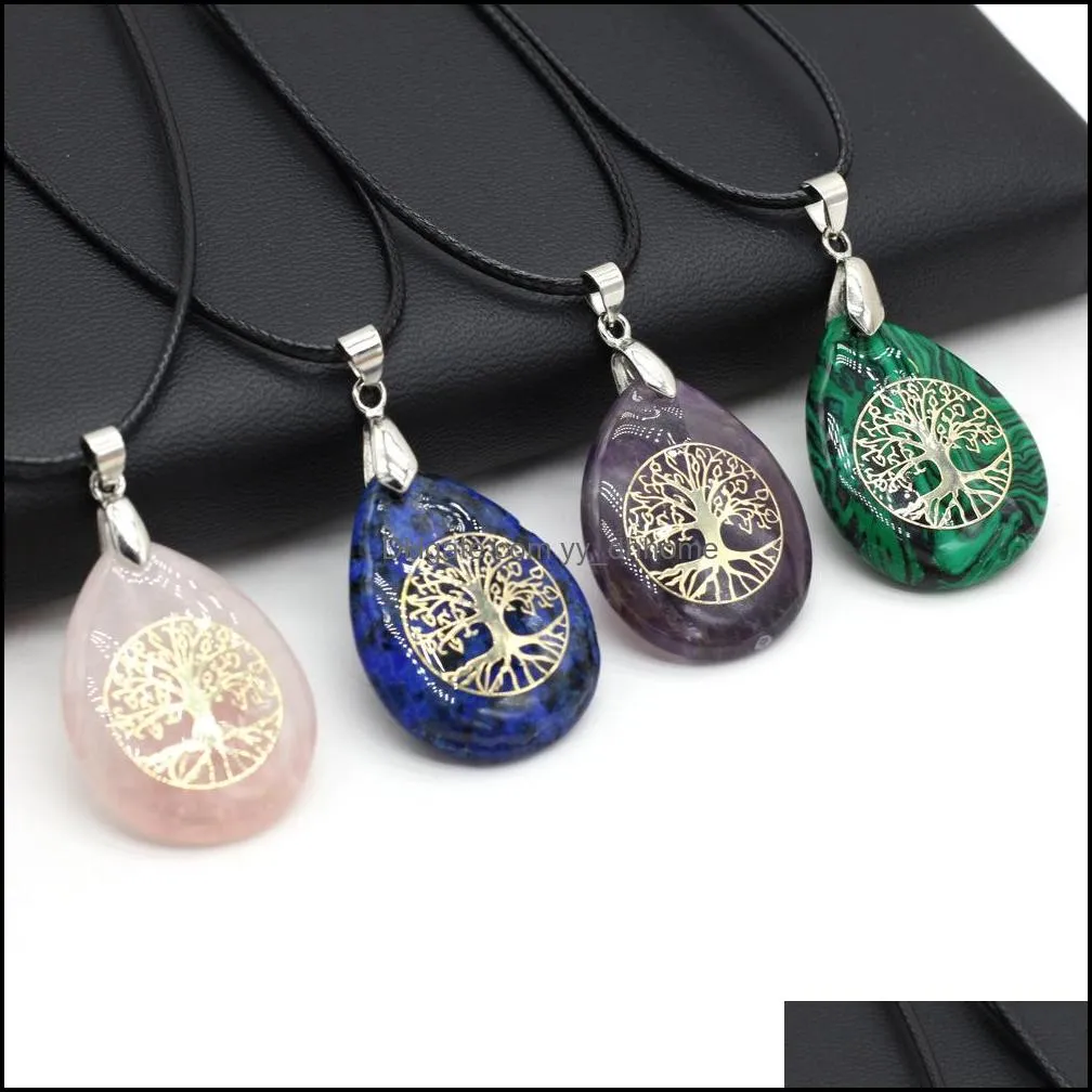 waterdrop tree of life symbol reiki healing natural stone pendant necklace chakra amethyst pink rose crystal necklaces women yydhhome