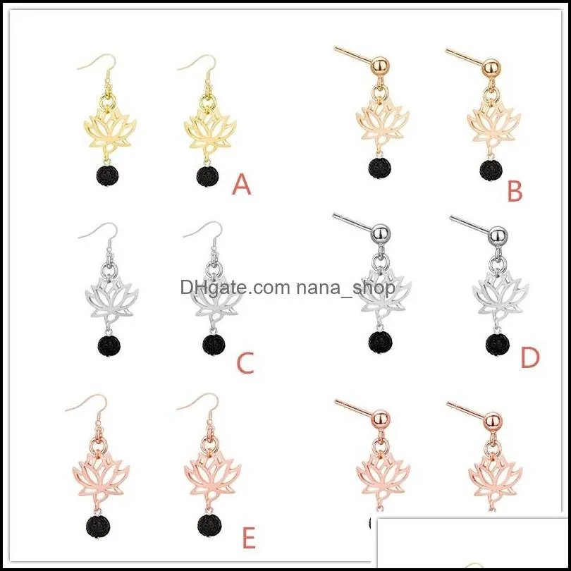 6styles silver gold color black lava stone lotus earrings diy aromatherapy  oil diffuser dangle earings jewelry women